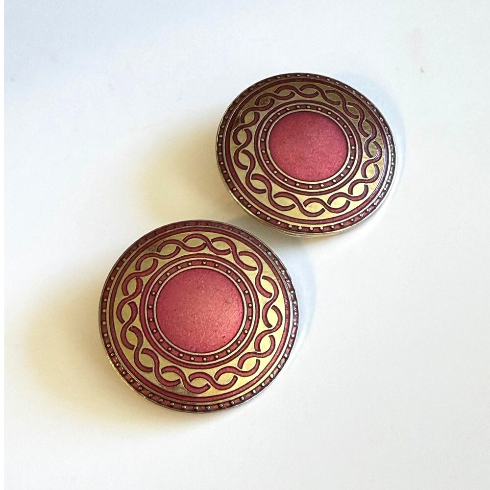 Vintage Gold Tone Pink Mauve Enamel Clip-On Disc Earrings Retro